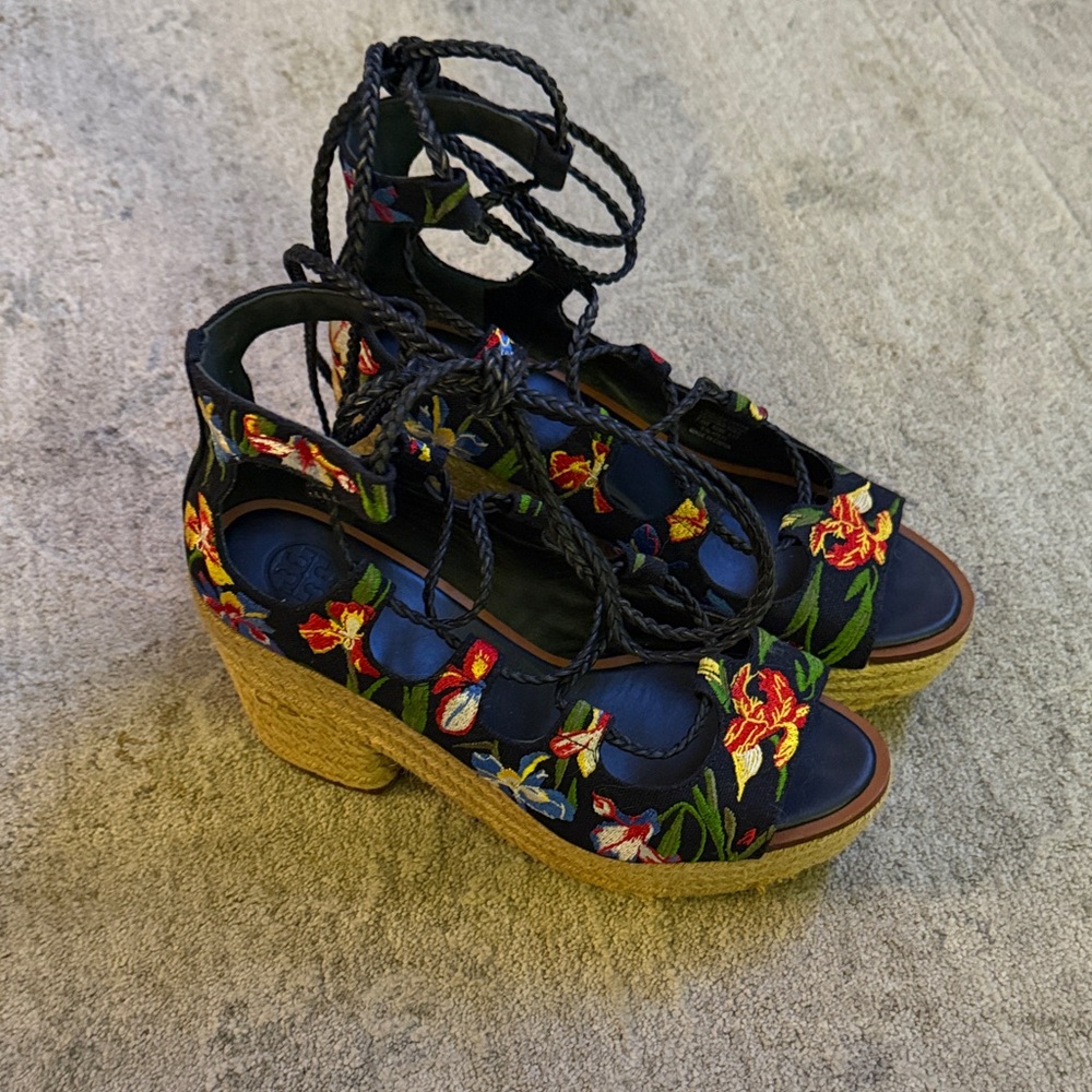 Tory Burch Navy Floral Espadrille Heels